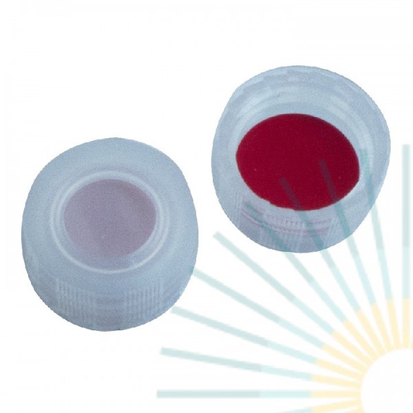 9mm PP Short Screw Cap, transp., hole; Silicone white/PTFE red, 1.0mm