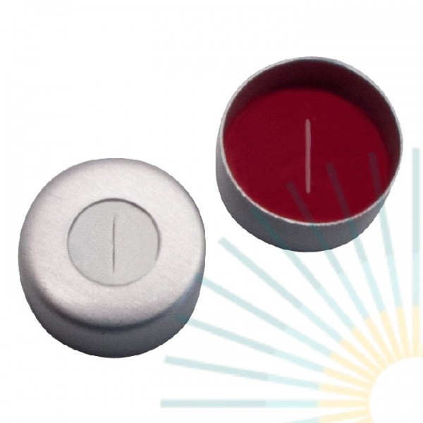 8mm Crimp Cap (Alu), colourless, hole; Silicone white/PTFE red, 1.3mm, slitted