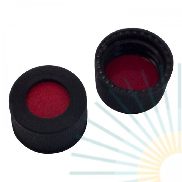 10mm PP Schraubkappe, schwarz, Loch, ND10; PTFE rot/Silicon weiß/PTFE rot, 1,0mm
