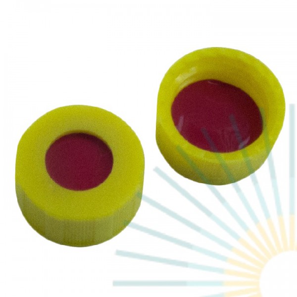 9mm PP Short Screw Cap, yellow, hole; PTFE red/Silicone white/PTFE red, 1.0mm