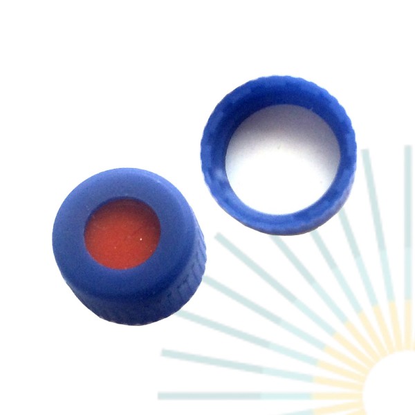 9mm PP Short Screw Cap, blue, with hole; Red Rubber / PTFE beige, 1.0mm, slitted