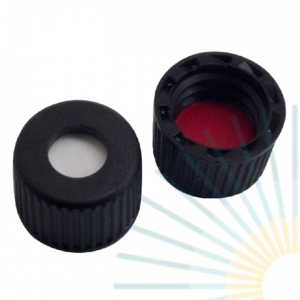 8mm PP Schraubkappe, schwarz, Loch, ND8; Silicon weiß/PTFE rot, 1,3mm