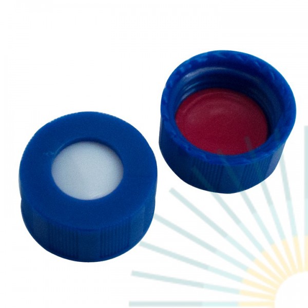 9mm PP Short Screw Cap, blue, hole; Silicone white/PTFE red, 1.0mm