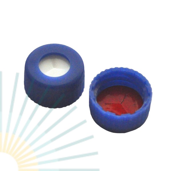 9mm PP Short Screw Cap, blue, with hole; Silicon white/PTFE red, 1.0mm, slitted