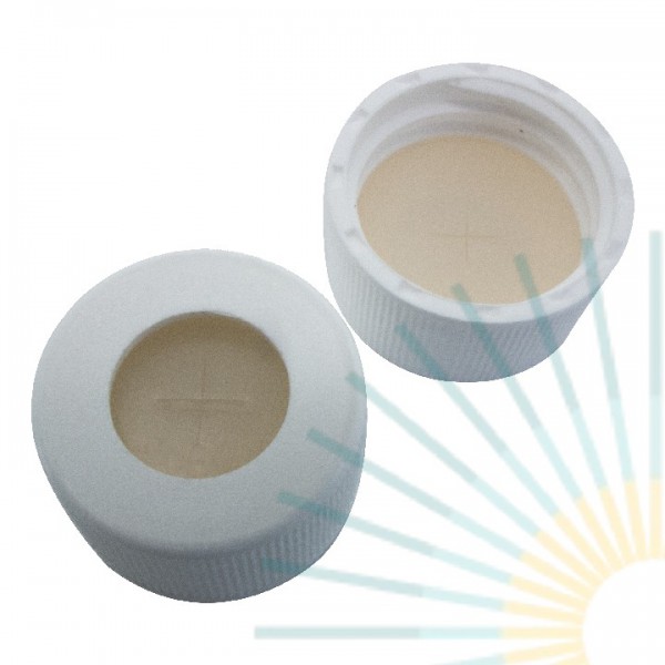 24mm PP Screw Cap white, 10mm hole; Silicone nature/ PTFE beige, 3.2mm, slitted (EPA- quality)