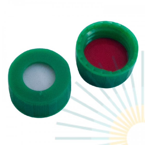 9mm PP Short Screw Cap, green, hole; Silicone white/PTFE red, 1.0mm