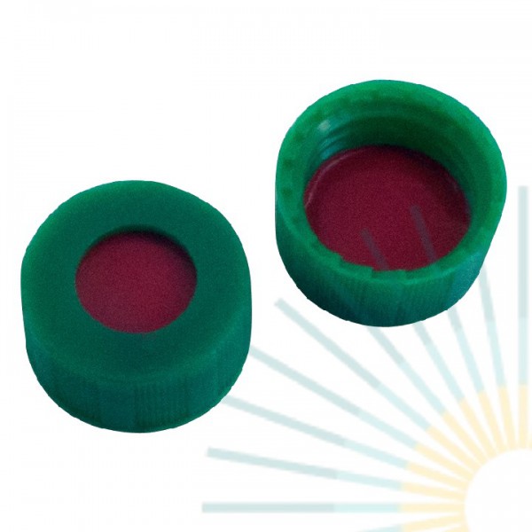 9mm PP Short Screw Cap, green, hole; PTFE red/Silicone white/PTFE red, 1.0mm