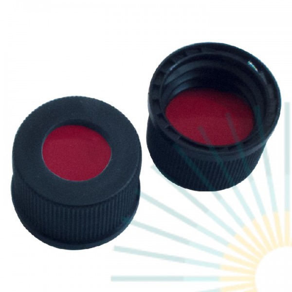 13mm PP Schraubkappe, schwarz, Loch; PTFE rot/Silicon weiß/PTFE rot, 1,0mm
