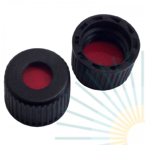 8mm PP Schraubkappe, schwarz, Loch, ND8; PTFE rot/Silicon weiß/PTFE rot, 1,0mm